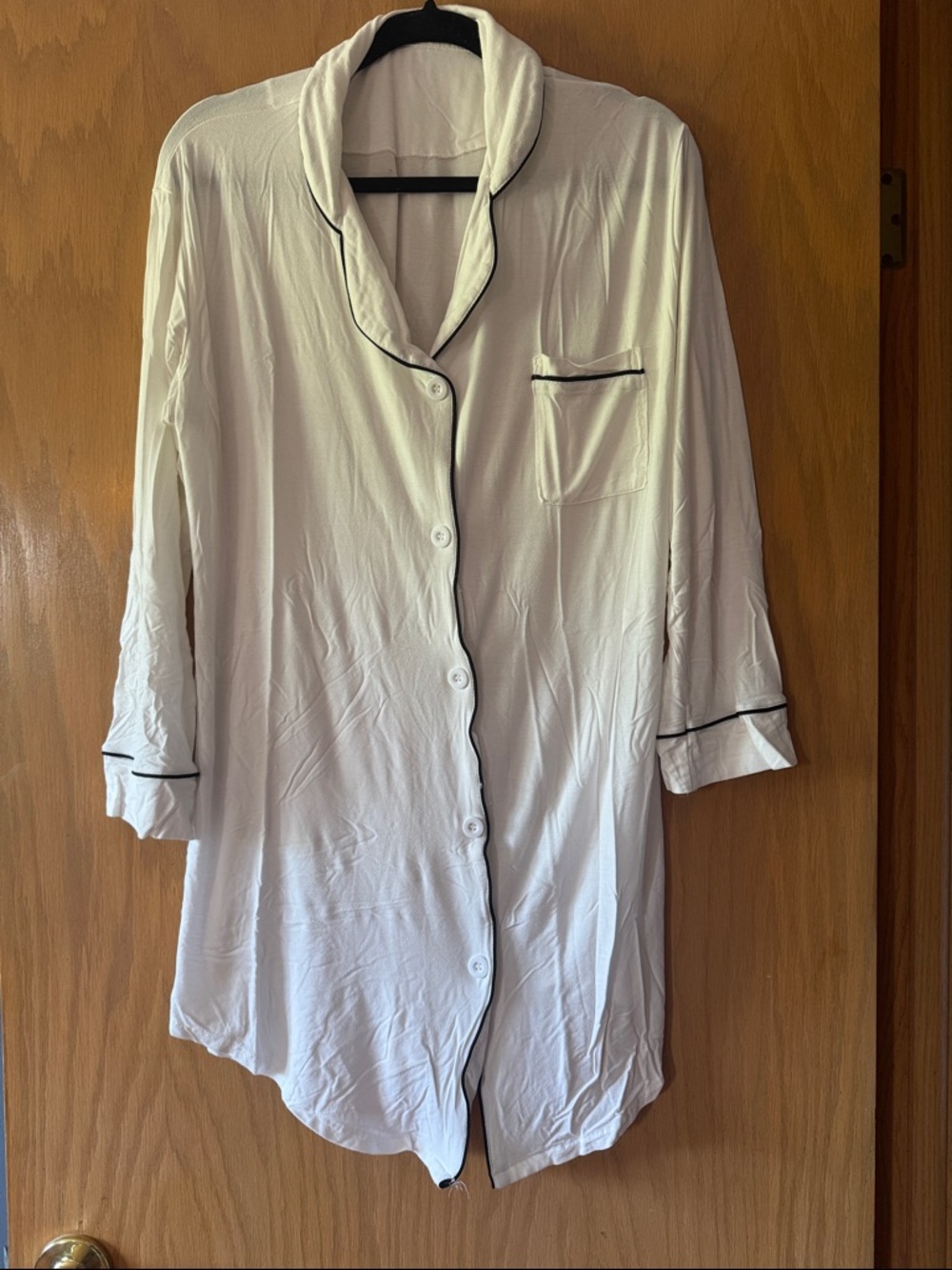 Classic White Button-Front Sleep Shirt Dress with Black Piping